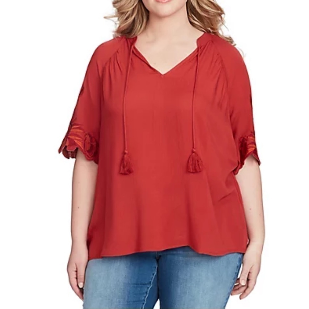 Jessica Simpson Plus Size 2X Catalina Embroidered Sleeve Peasant Top Casual